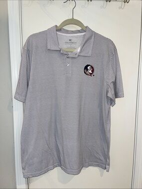 Colosseum Men's White and Navy Thin-Strip Polo FSU Logo